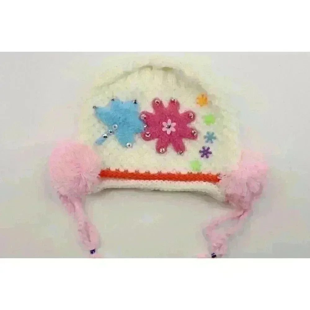 HAND knitted girl hat with knitted applique with beads for 3-6 year old. NEW.